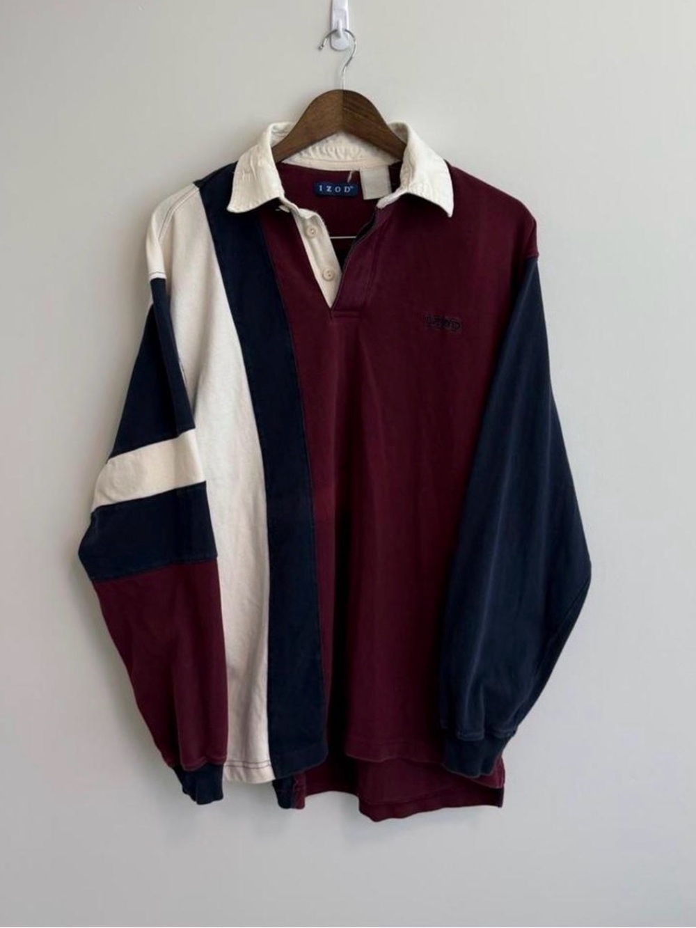 Vintage IZOD Colorblock Rugby Polo Long Sleeve Maroon Navy Cream